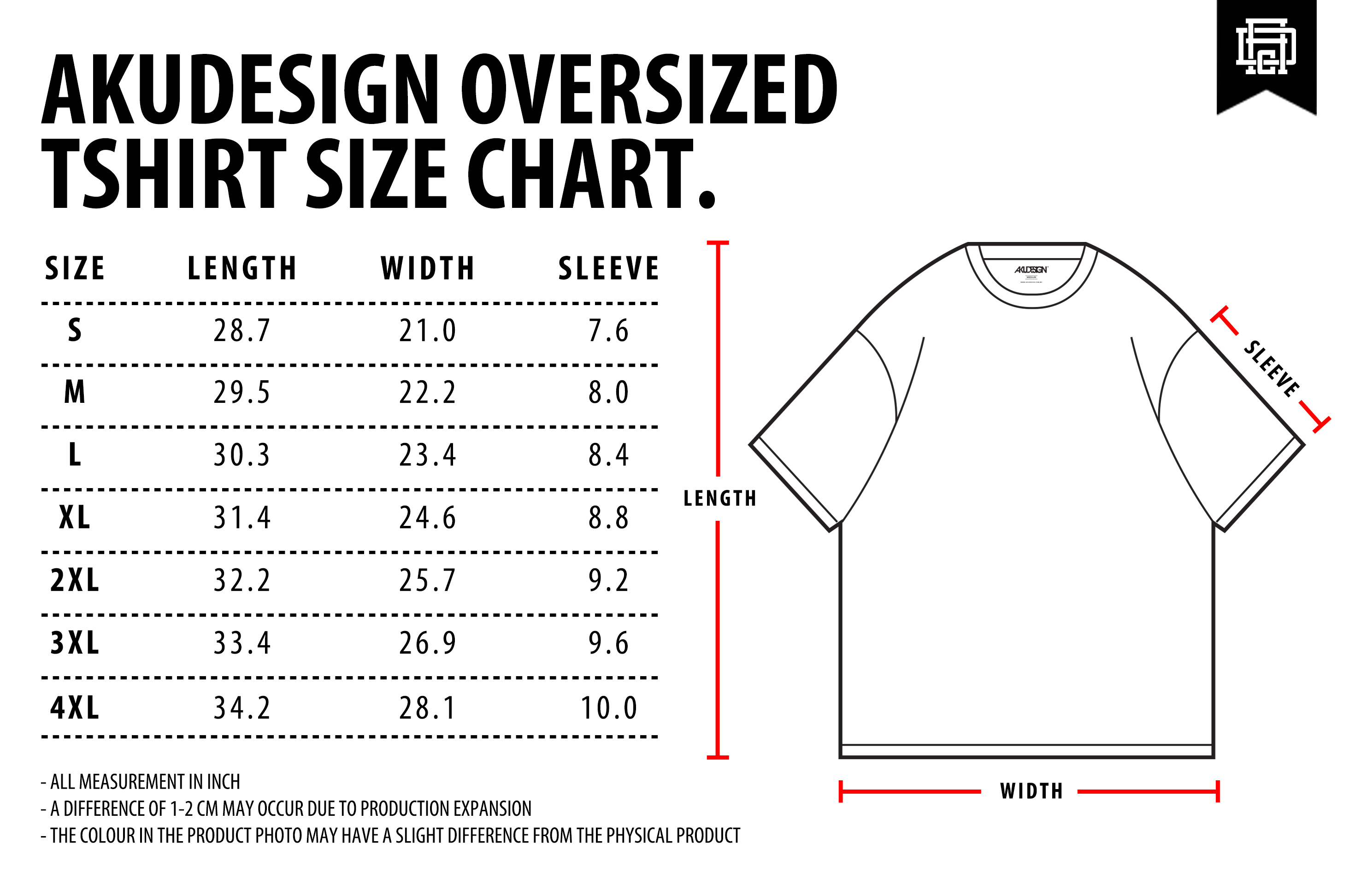 Tshirt Oversized Size Chart (INCH) - WF