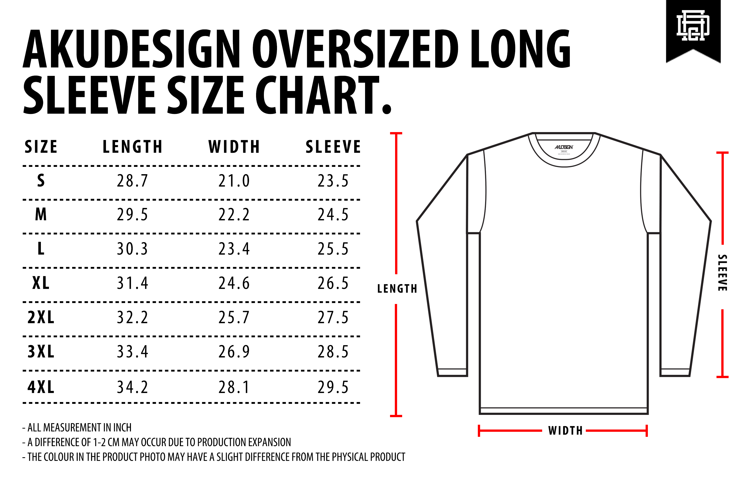 Long Sleeve Oversized Size Chart - WF