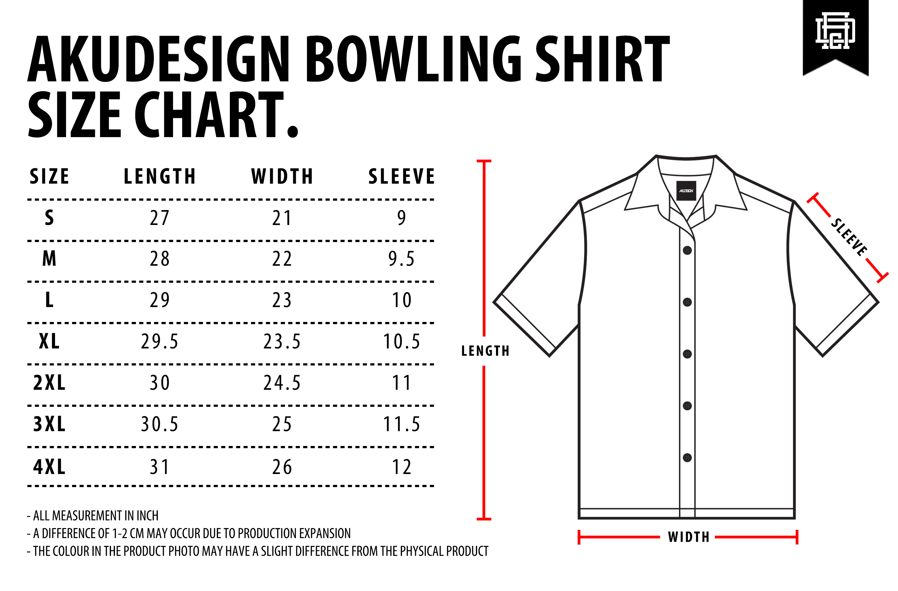 Bowling Shirt Size Chart - WF