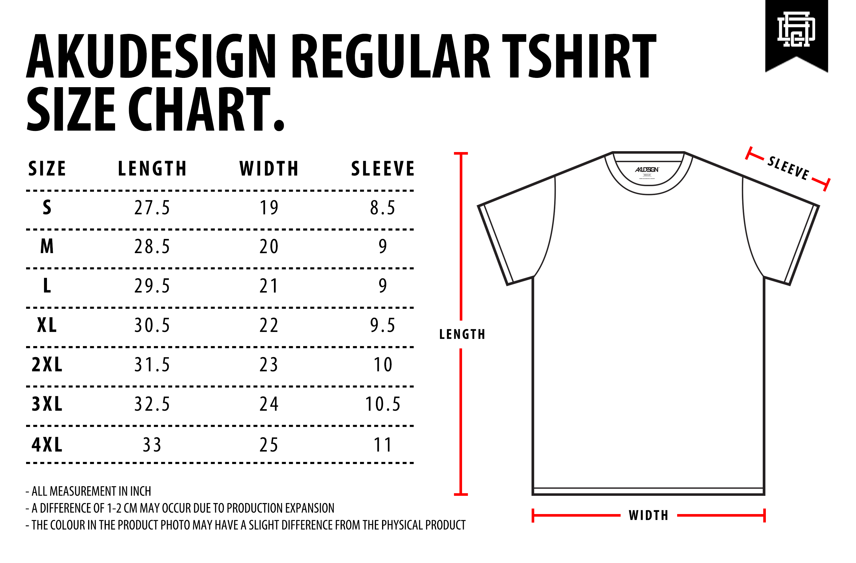 IHB Regular Tshirt Size Chart - WF