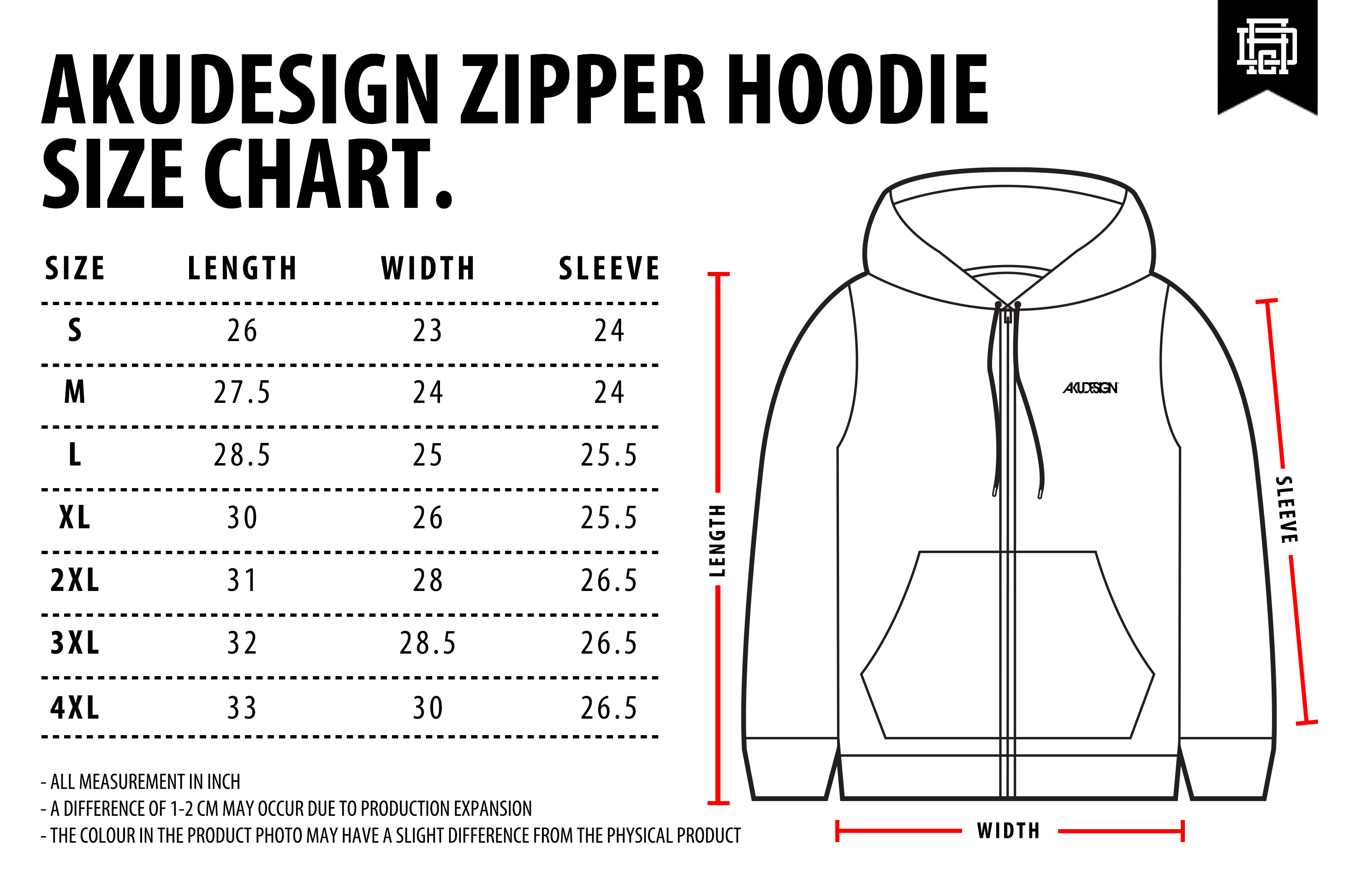 Zipper Hoodie Size Chart - WF