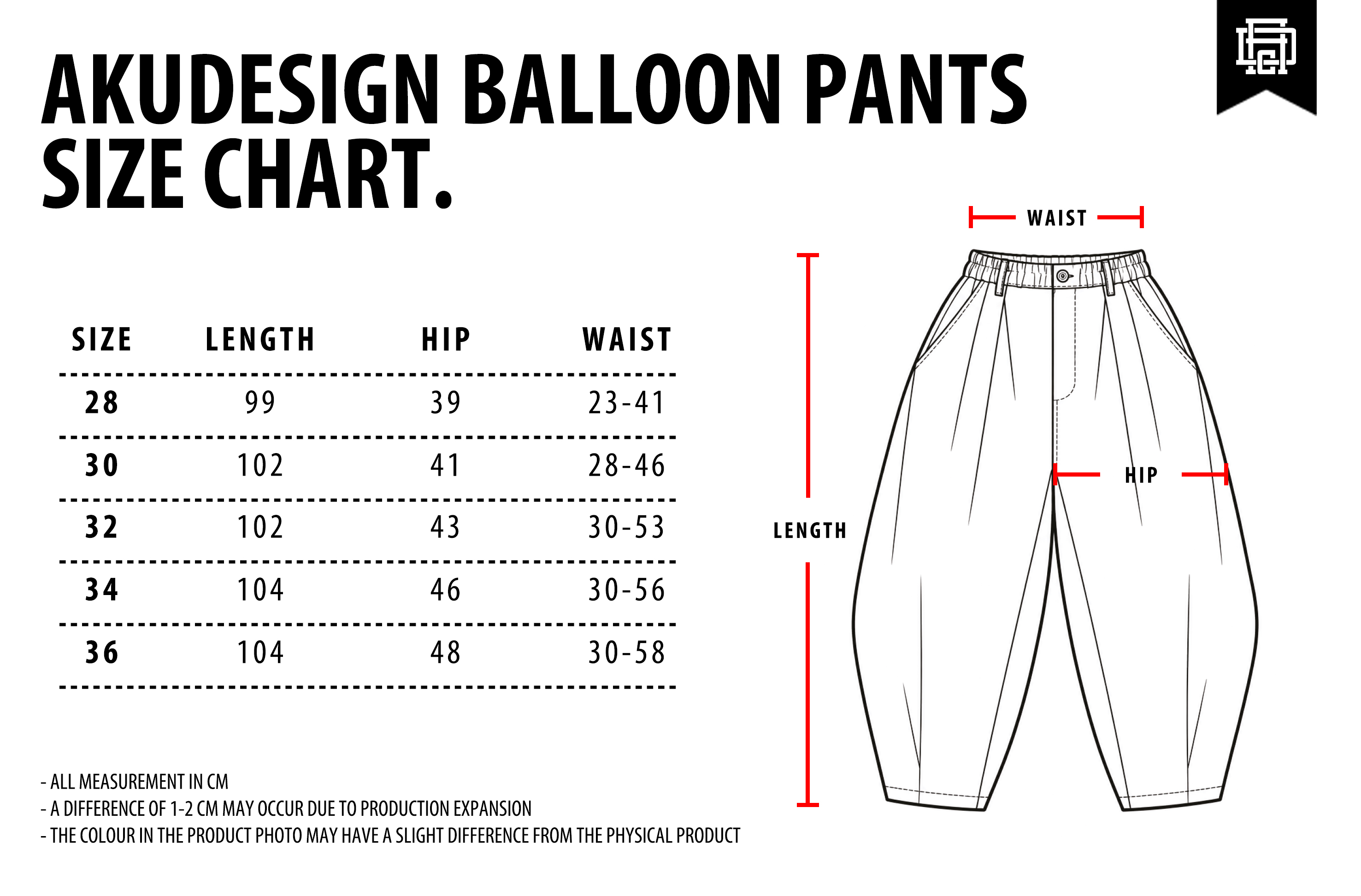 Balloon Pants Size Chart - WF