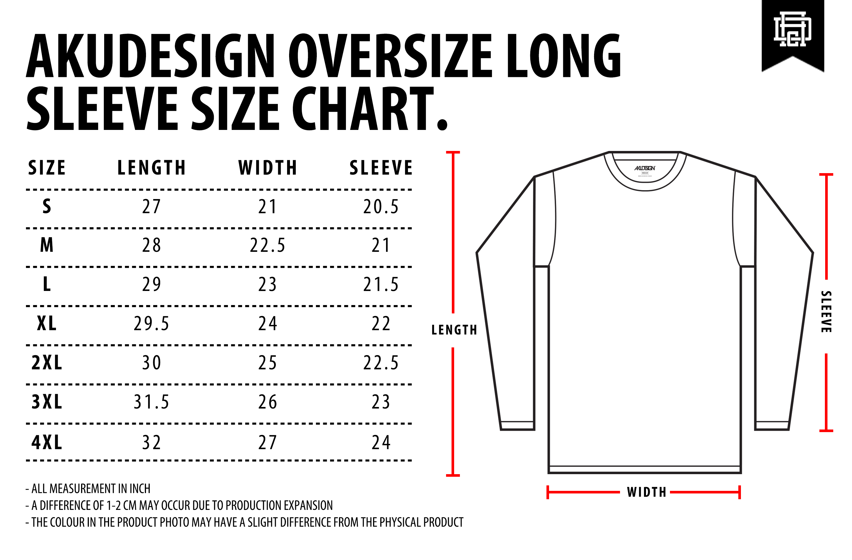 Long Sleeve Oversize Size Chart - WF