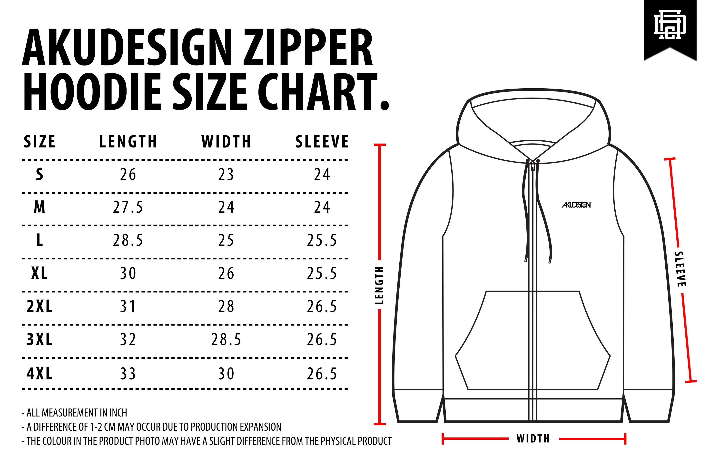 Zipper Hoodie Size Chart - WF
