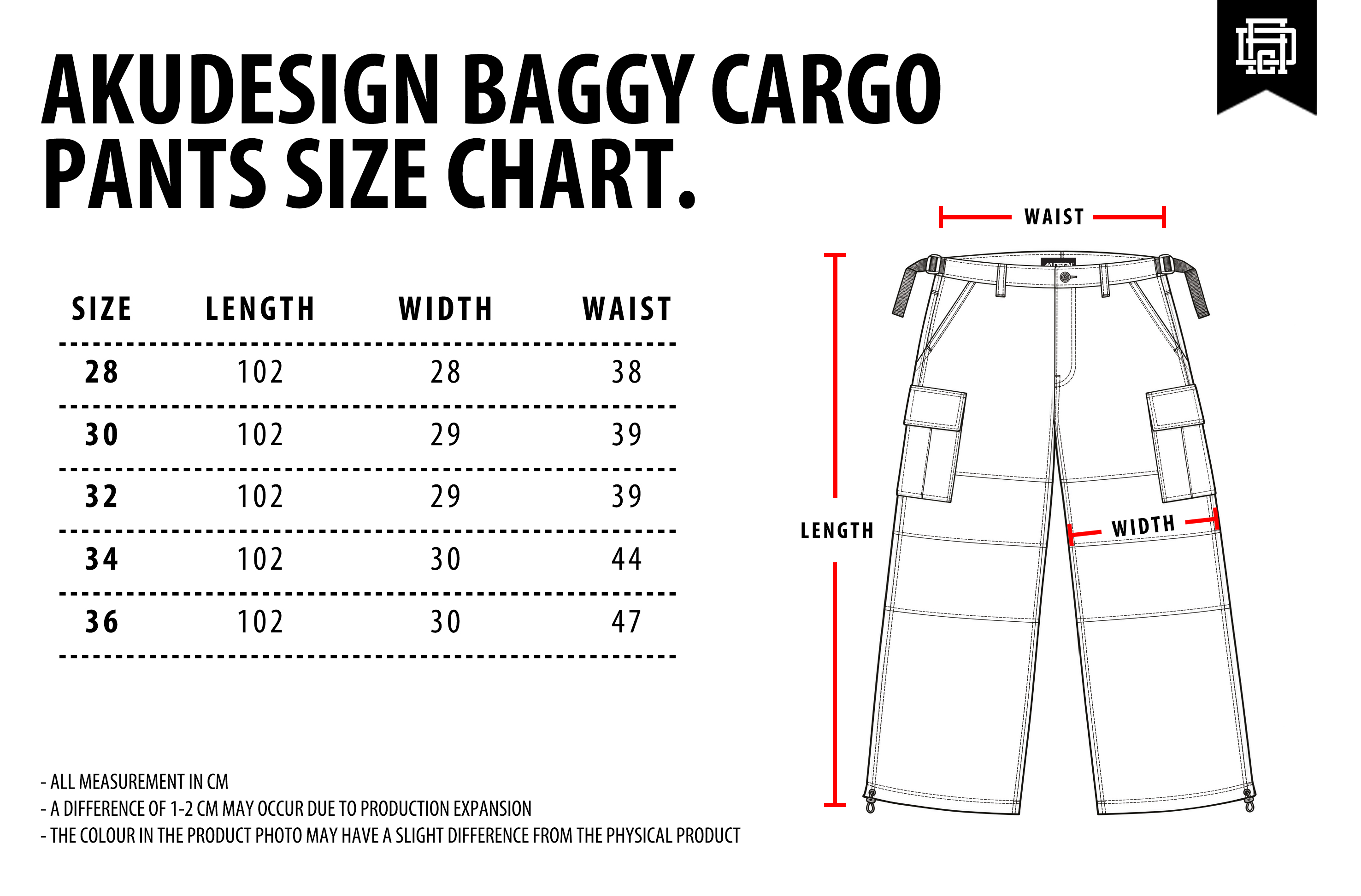 Baggy Safari Cargo Pants Size Chart - WF