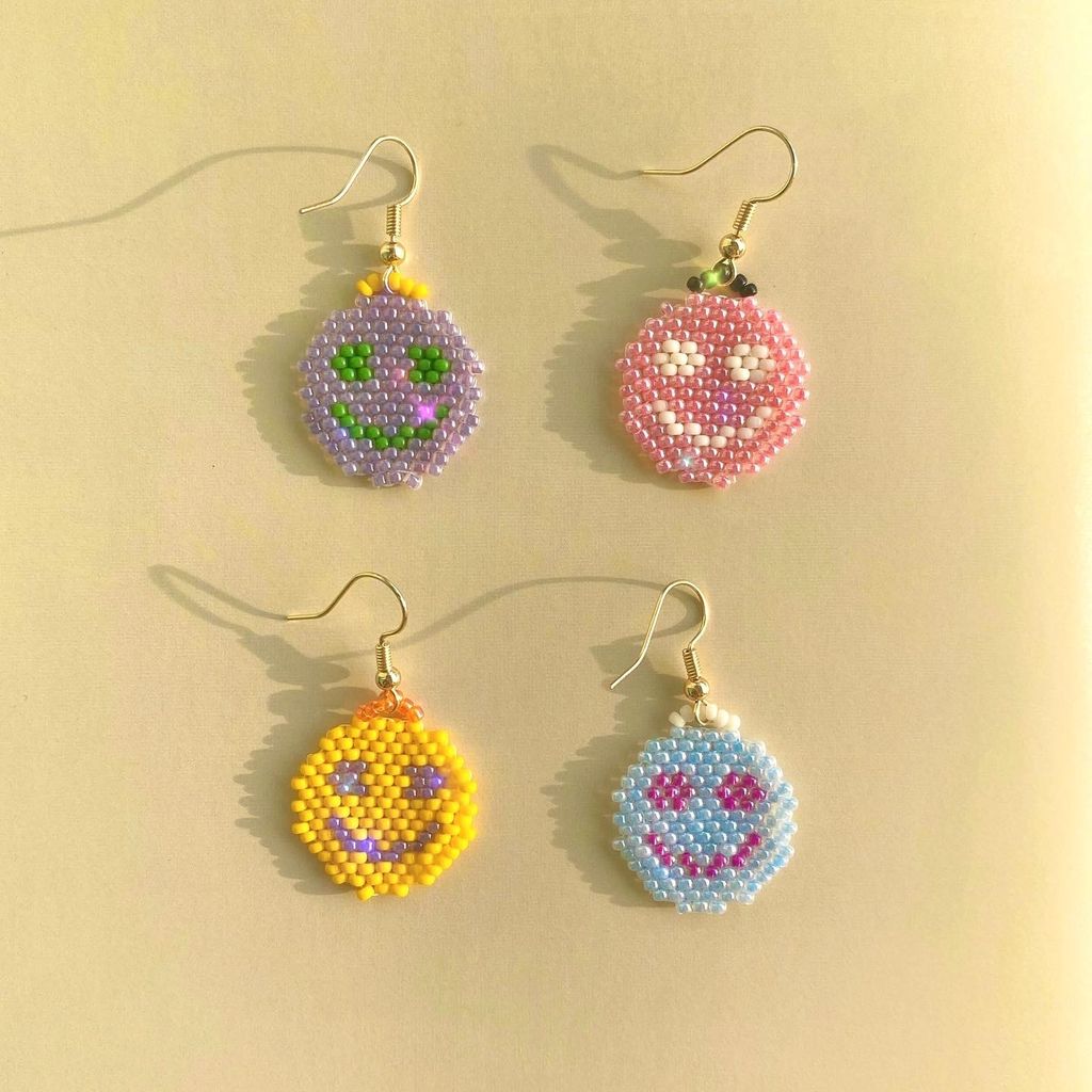 beaded smiley earrings in 4 different colours