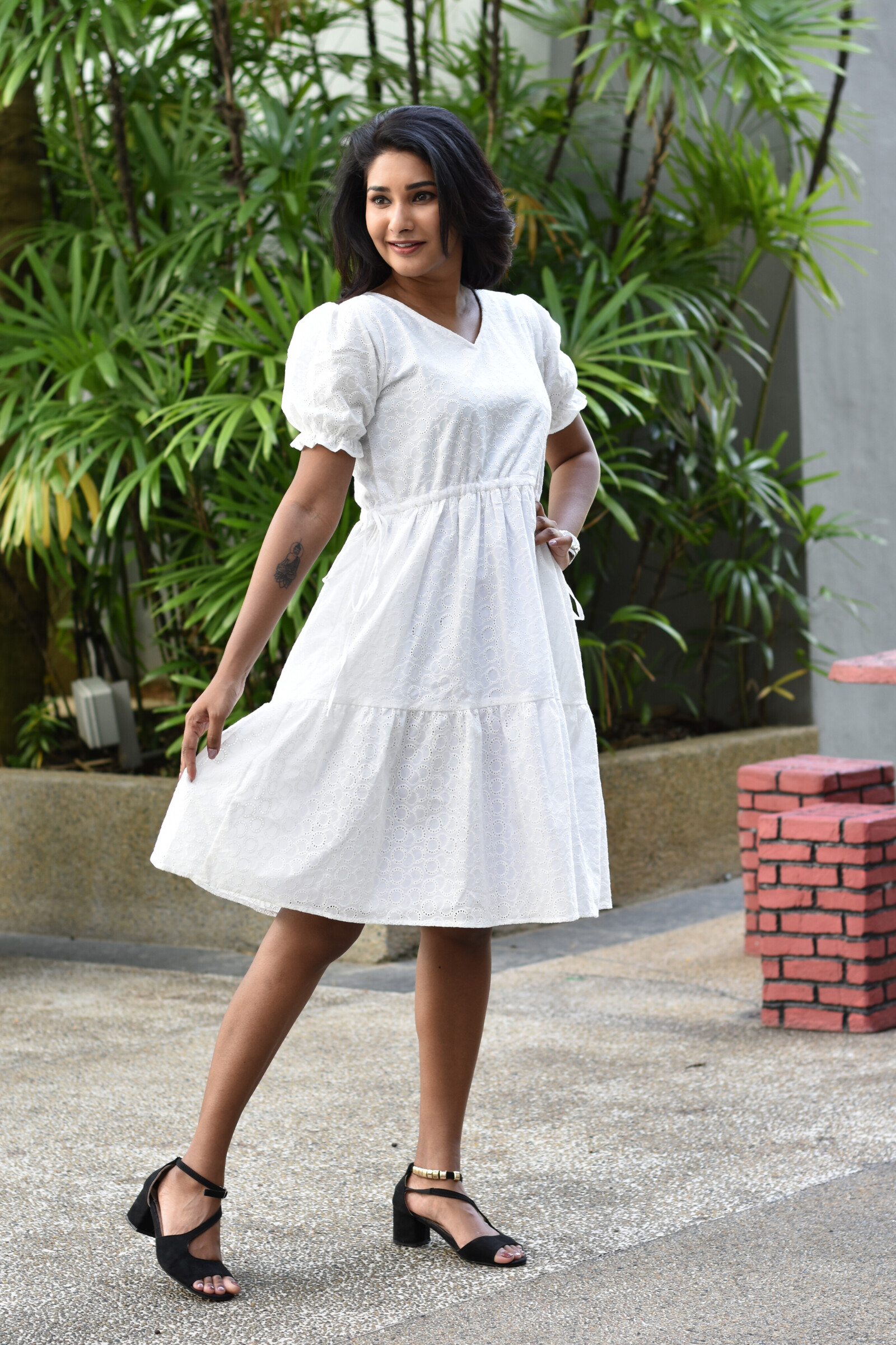 White Solid Pure Cotton cutwork Midi Dress - RIGAS