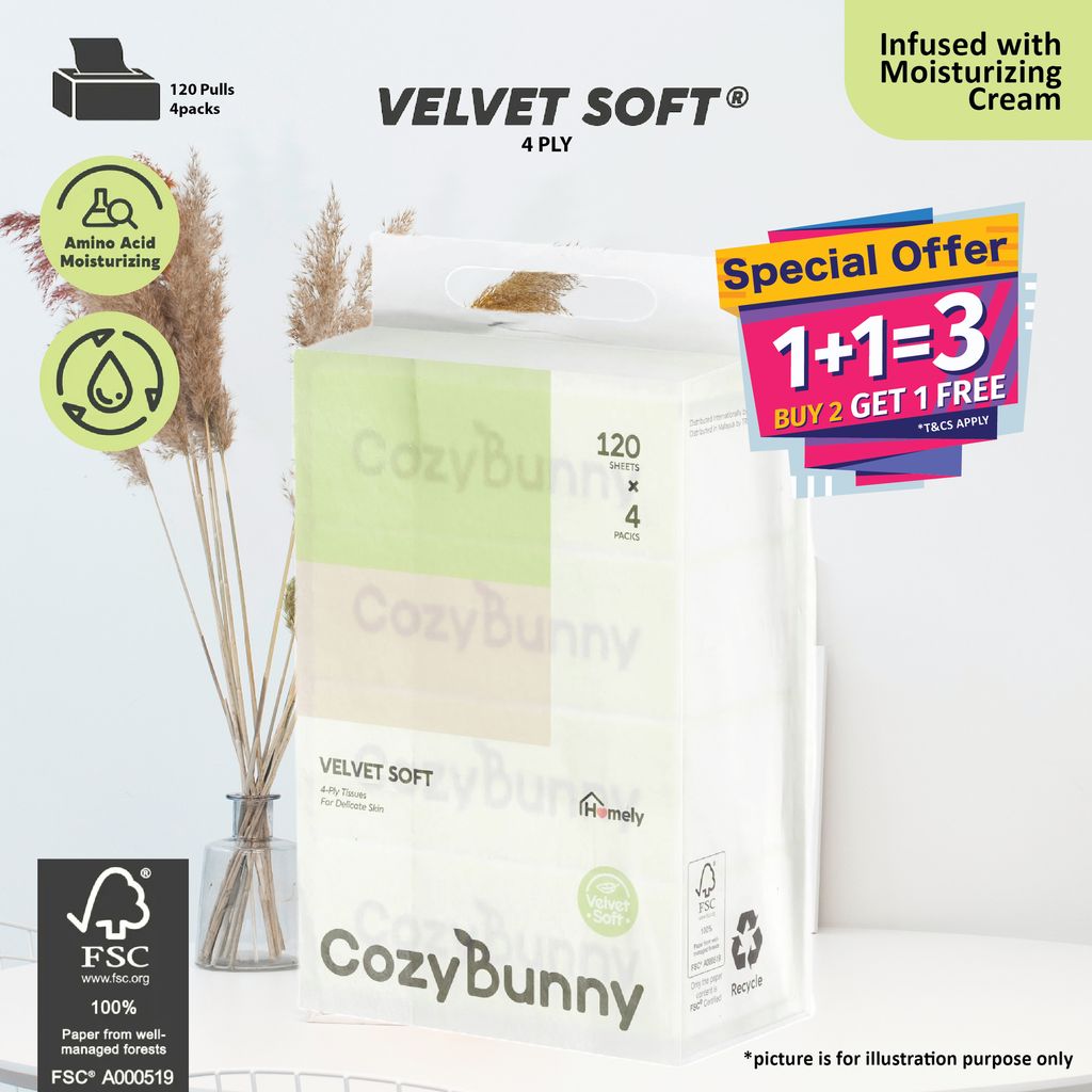 CozyBunny Velvet Soft_Facial Tissues (Homely) 4 Packs x 120 Sheets (4 Ply)