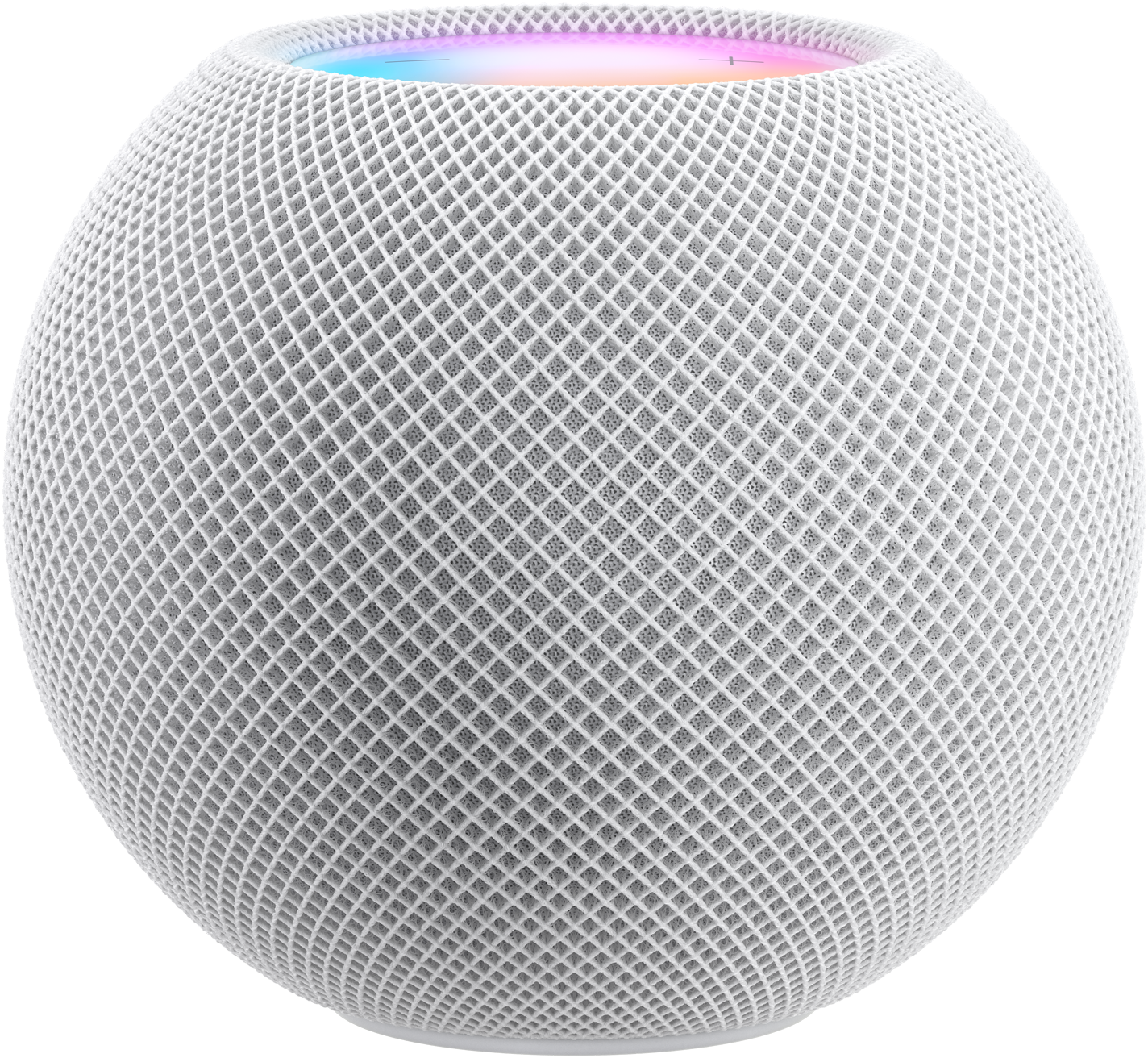 White HomePod mini with colorful pixels in motion above it spelling the word “mini.”