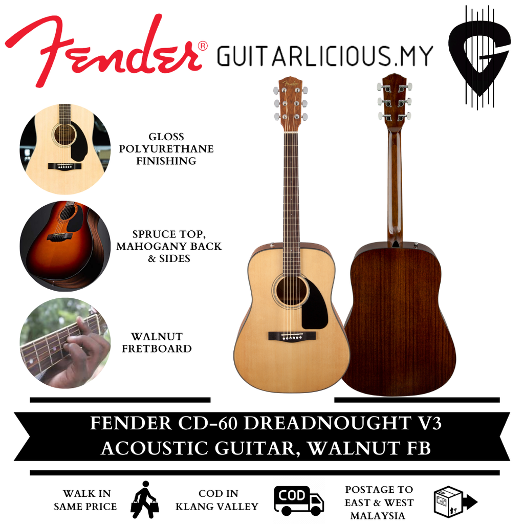 Fender CD-60 Dreadnought V3 Acoustic Guitar w/case, Walnut FB , Natural  (CD60 / CD 60) – GUITARLICIOUS.MY