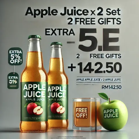 DALL·E 2024-08-14 12.19.57 - A realistic promotional graphic for a package deal featuring 'Apple Juice x 2 Set + 2 Free Gifts.' The graphic should have a clean, modern look with h