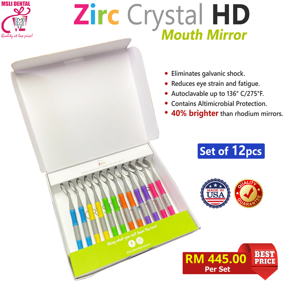Zirc Crystal Hd Soft Grip Mouth Mirror Set Of 12pcs A060 Msli Dental Supplies 