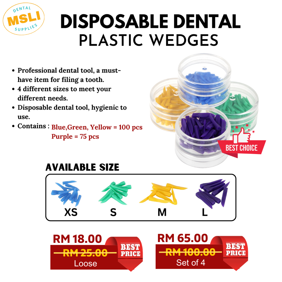 100-Pc Dental Disposable Plastic Wedges Kit - 4 Sizes (Purple, Green, Yellow, Blue)