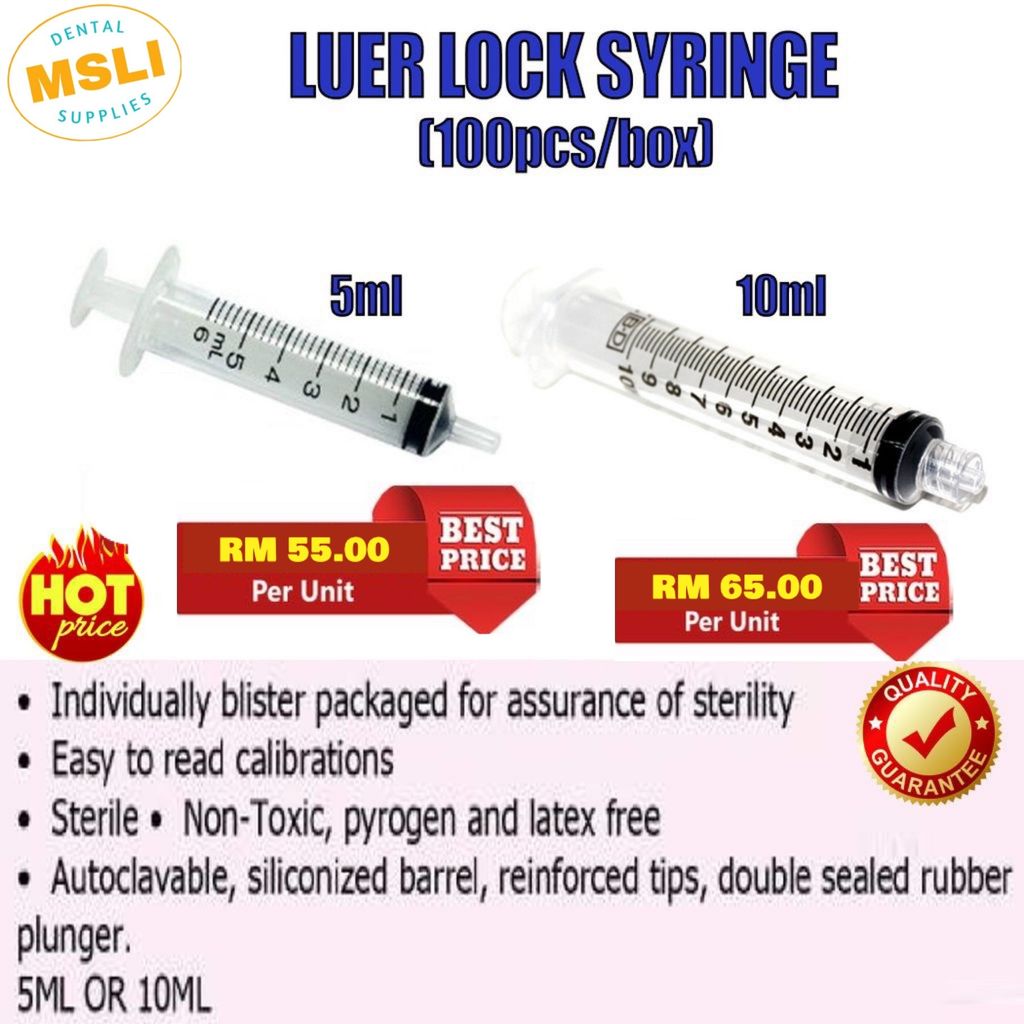 VASCUMECX - Luer Lock Syringe (5ml / 10ml) - Empty Syringe (100pcs/box)🟢 –  MSLI Dental Supplies