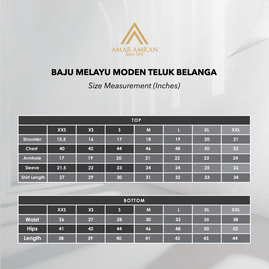 SIZE-CHART-BAJU-MELAYU Moden Teluk belanga XXS-2XL-TB