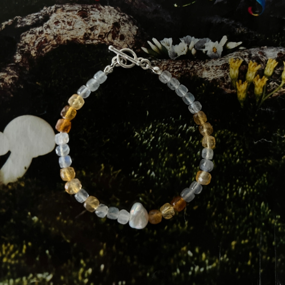 Matilda & Co. 方塊拉長石、海藍寶與天然巴洛克珍珠925純銀手鍊