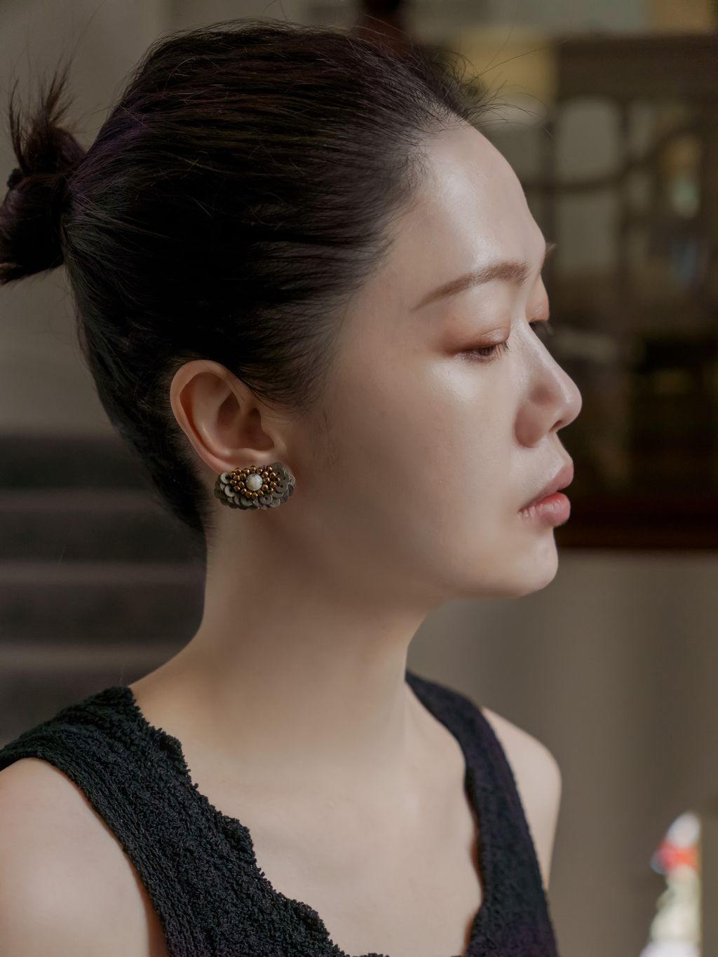 白紋石_黑白蒲公英耳環_上