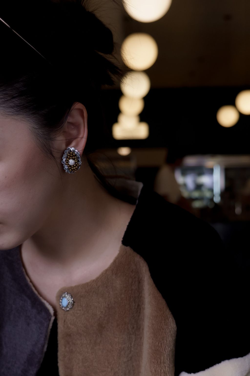 橢圓銀白蒲公英耳環_上5