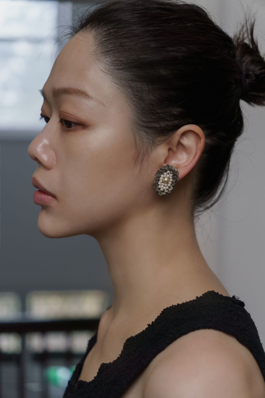 橢圓黑白蒲公英耳環_上