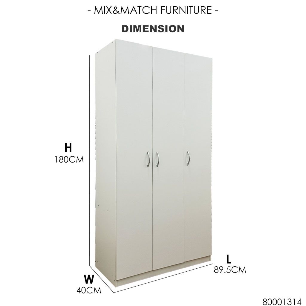 3 DOORS WARDROBE (WHITE) DIMENSION