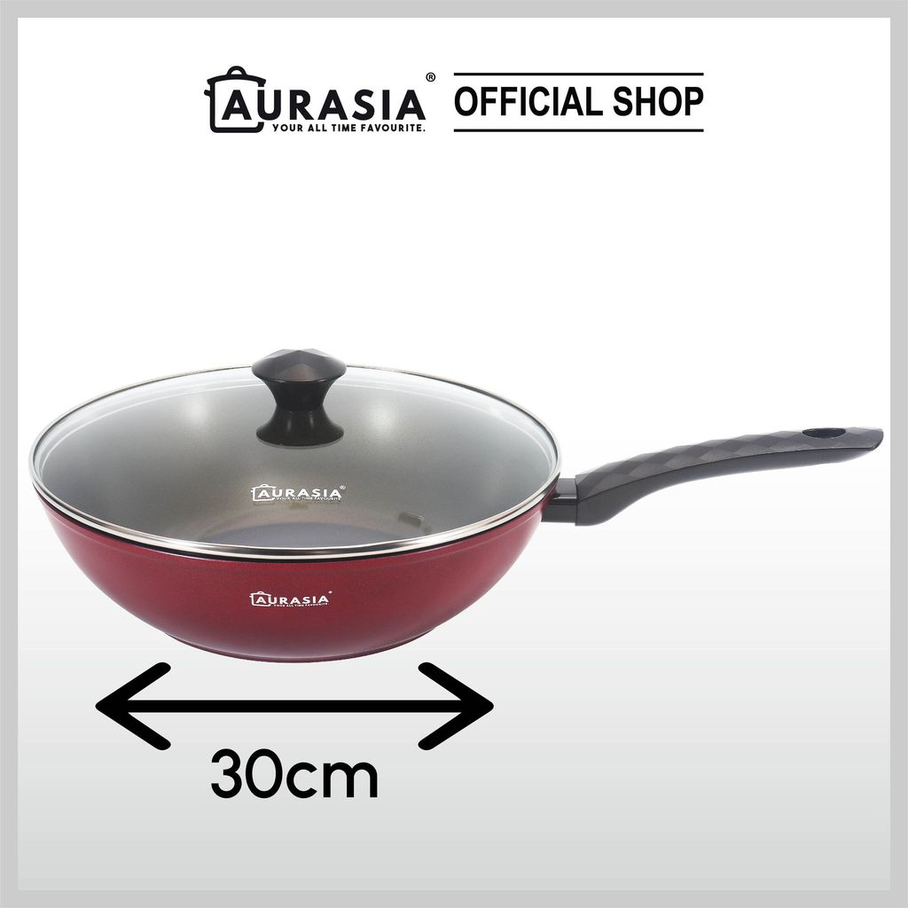 Aurasia Burgundy Calla 30cm Stir Fry Wok with glass lid