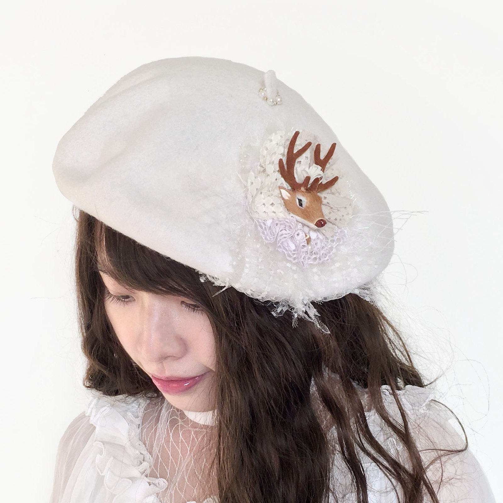 小鹿法式貴族白色貝蕾帽 實戴圖 風后妃設計