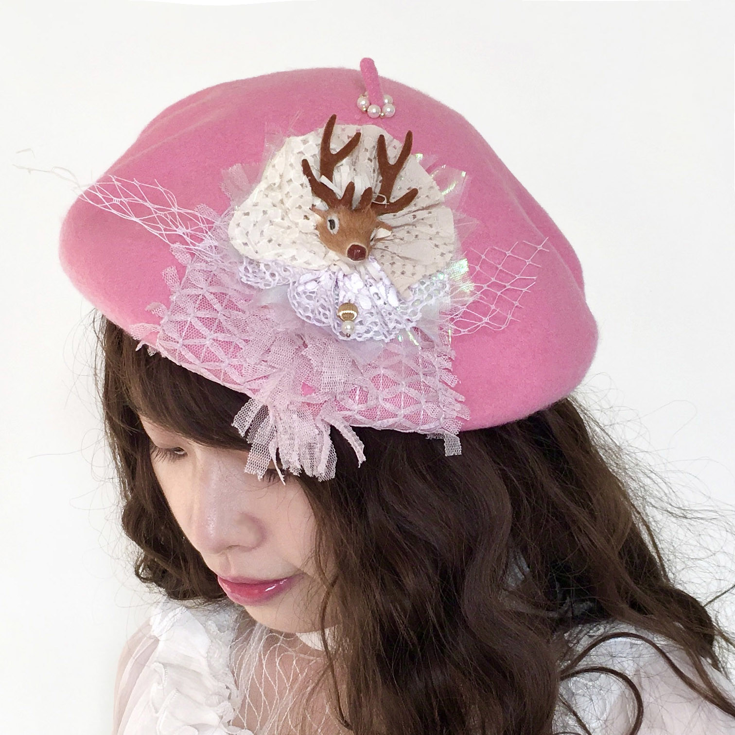 小鹿法式貴族粉色貝蕾帽 實戴圖 風后妃設計