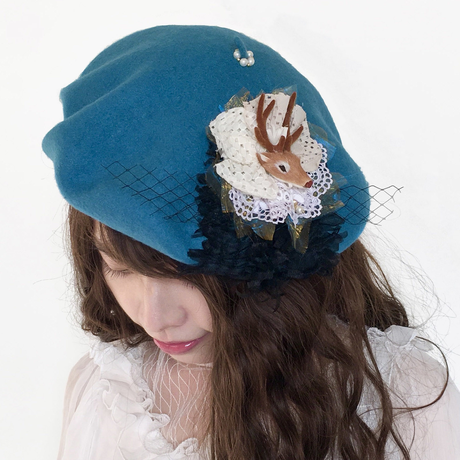 小鹿法式貴族湖藍色貝蕾帽 實戴圖 風后妃設計