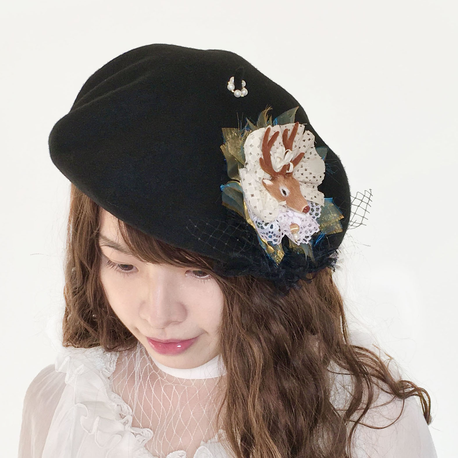 小鹿法式貴族黑色貝蕾帽 實戴圖 風后妃設計