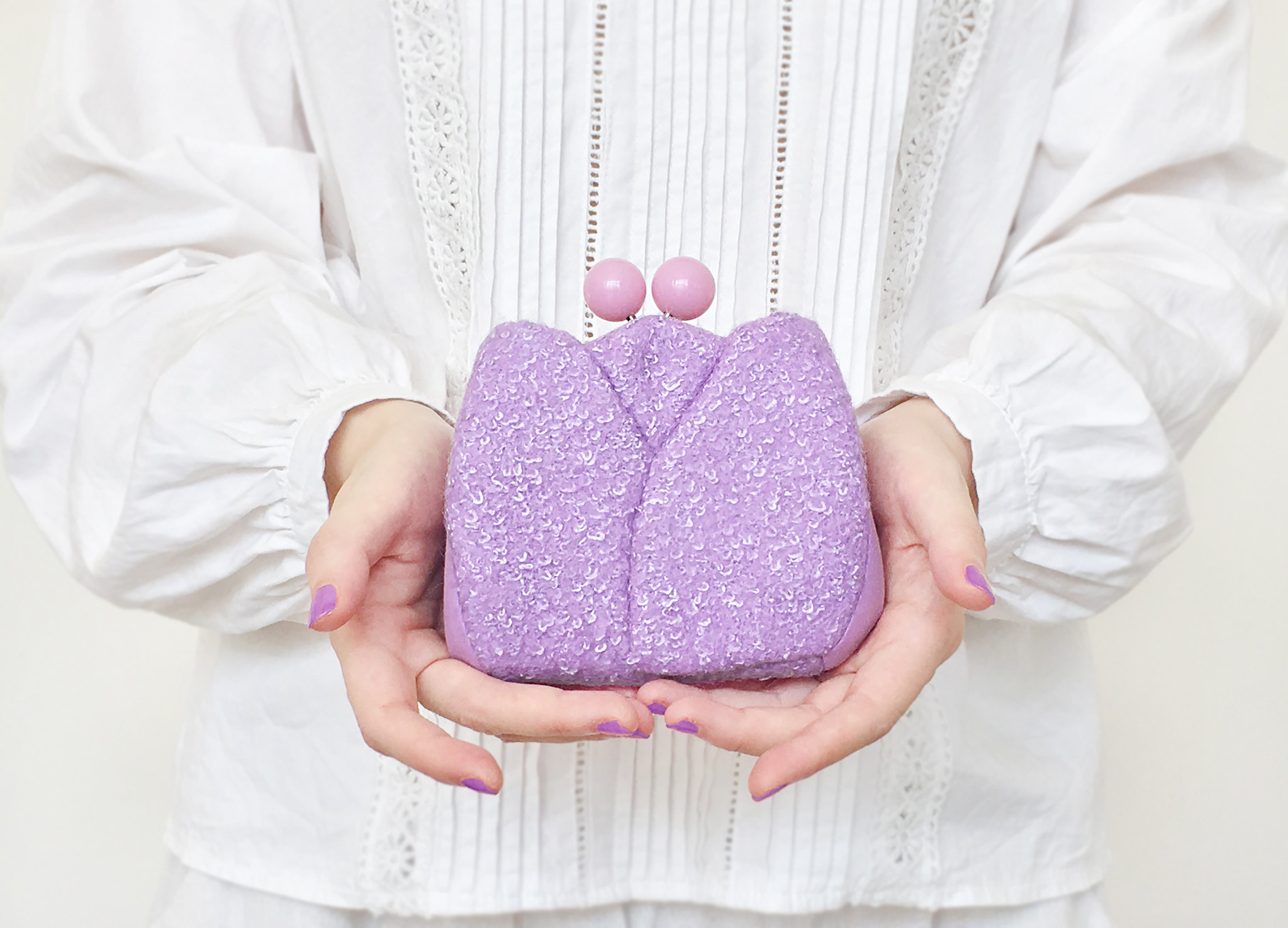 淺紫色花苞短夾 女用錢包 口金包 gamaguchi
