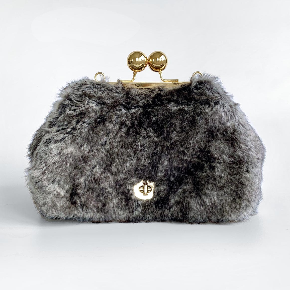 獺兔包 毛茸茸包包 灰皮草口金包 風后妃設計 Rex rabbit grey faux fur bag kiss lock pouch clip bag gamaguchi women gift lady gift
