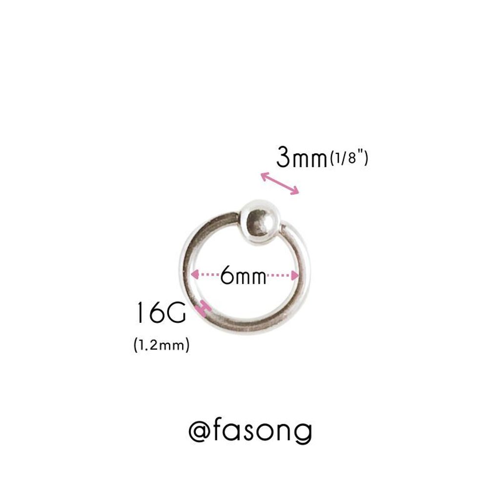 16G 醫療鋼封閉環， 尺寸標示內徑6mmx3mm鋼珠