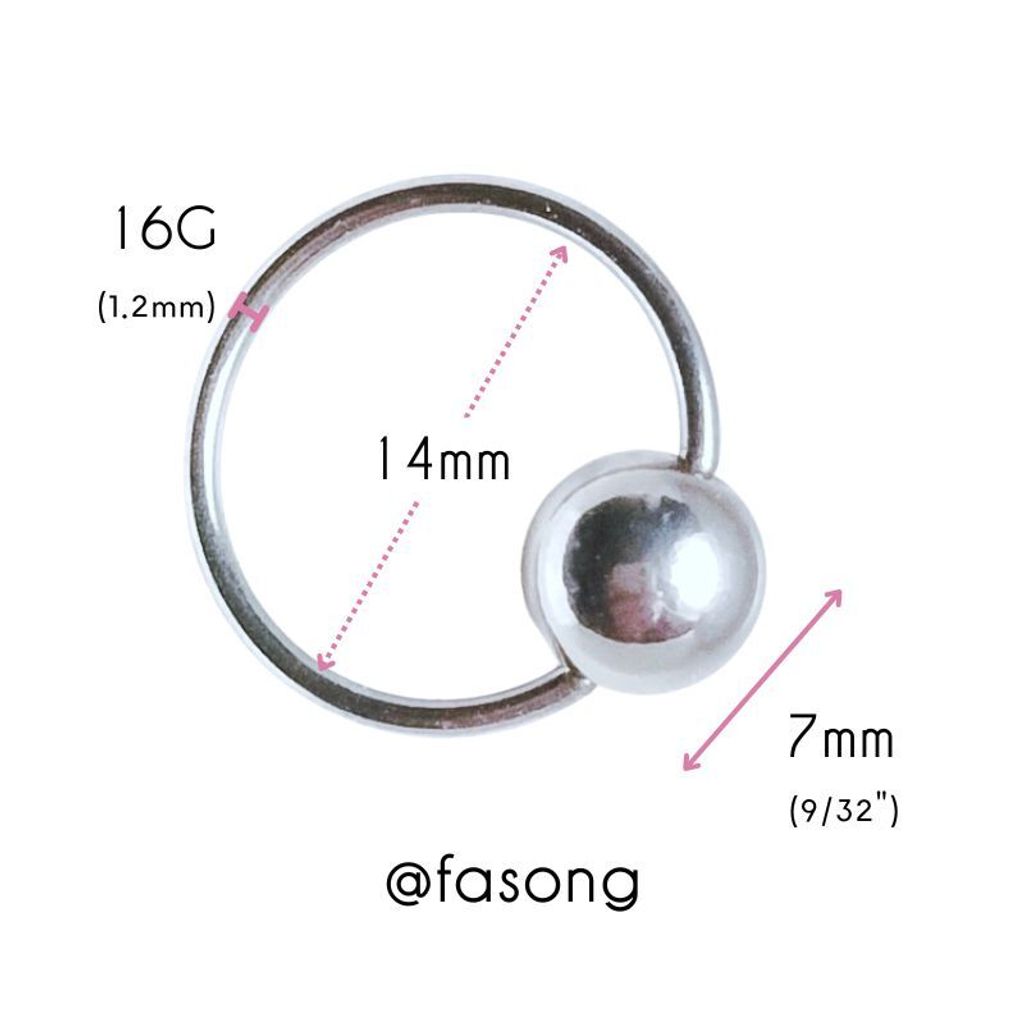 16G 醫療鋼封閉環， 尺寸標示內徑14mmx7mm鋼珠