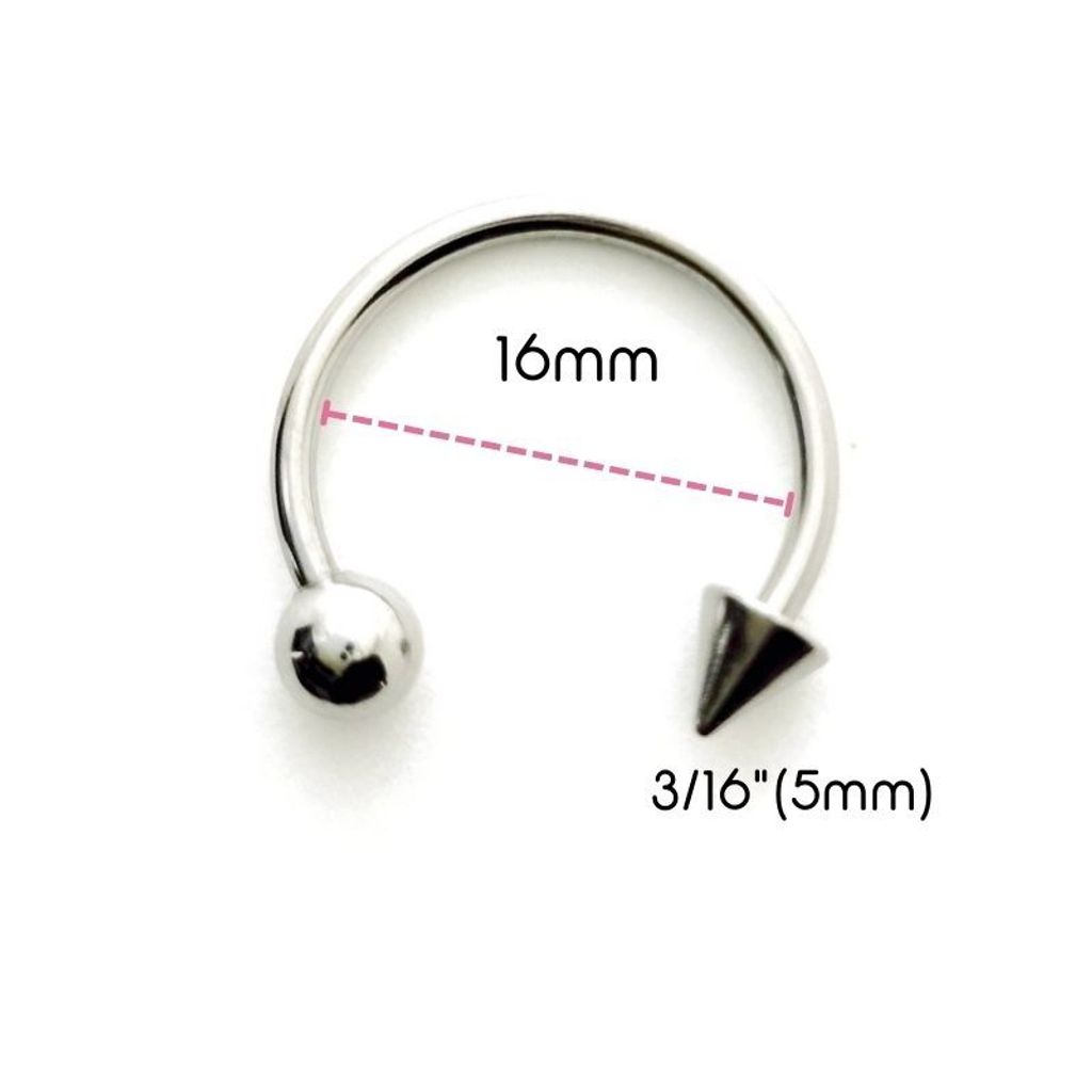 14G 醫療鋼馬蹄槓鈴 圓錐款，內徑16mm 5mm鋼珠
