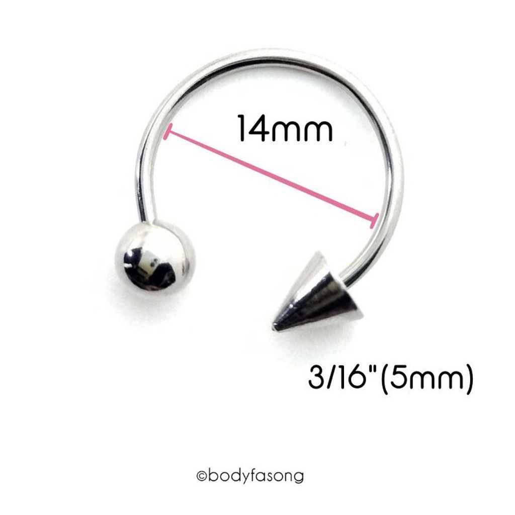 16G 醫療鋼馬蹄槓鈴 圓錐款，內徑14mm鋼珠/錐5mm