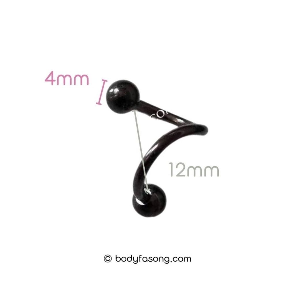 16G 螺旋槓鈴黑色鋼珠，內徑12mm鋼珠4mm