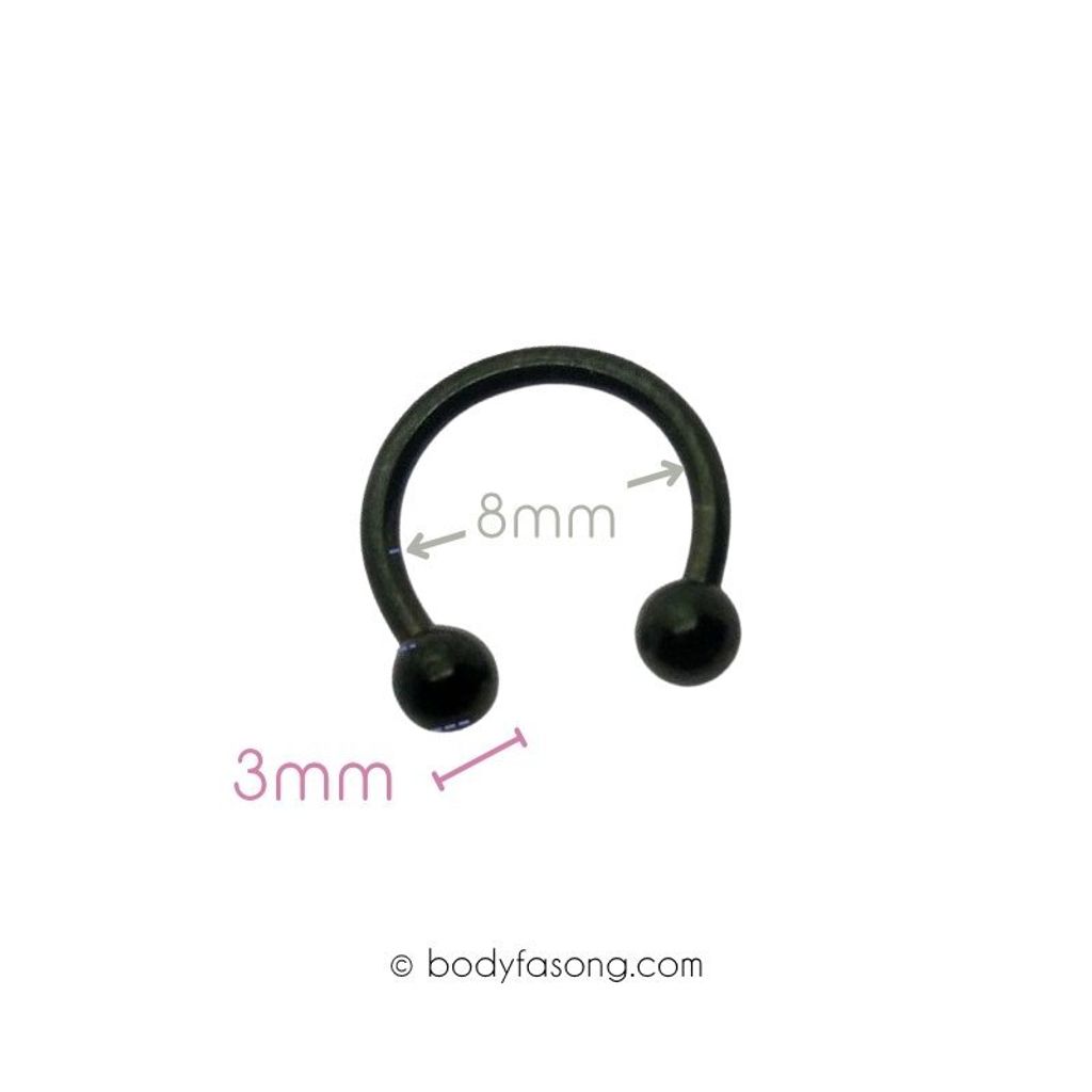 16G 醫療鋼黑色轉珠馬蹄槓鈴，內徑8mm鋼珠3mm