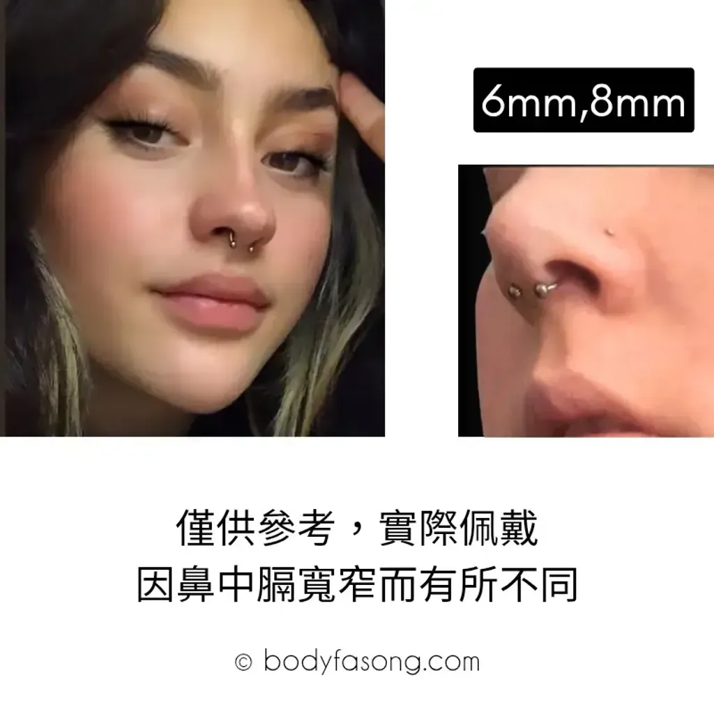 16G 醫療鋼馬蹄槓鈴 鋼珠款，內徑6,8mm佩戴於鼻中膈的實際效果
