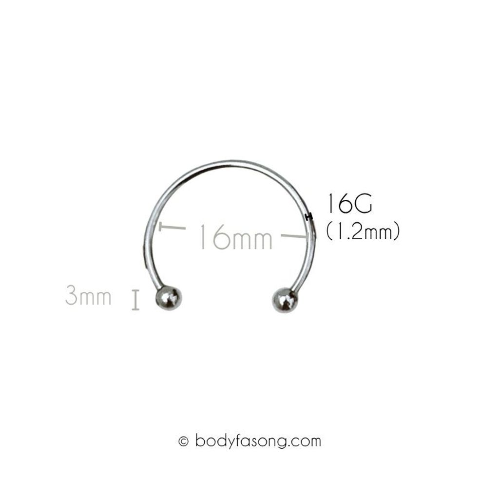16G 醫療鋼馬蹄槓鈴 鋼珠款，內徑16mm鋼珠3mm