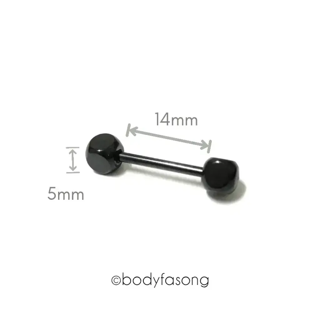 14G黑色方體球直槓鈴 14mm長，適合舌環、乳環與身體穿孔飾品