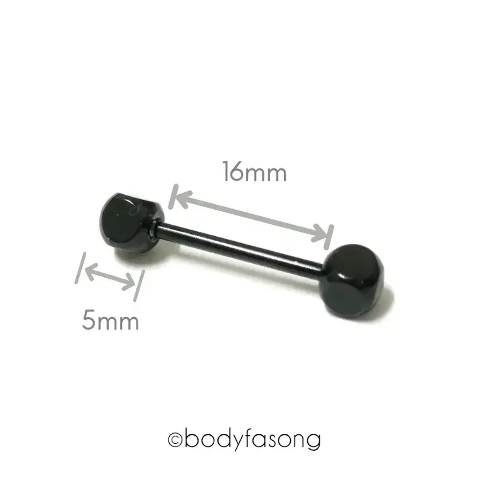 14G黑色方體球直槓鈴 16mm長，適合舌環、乳環與身體穿孔飾品