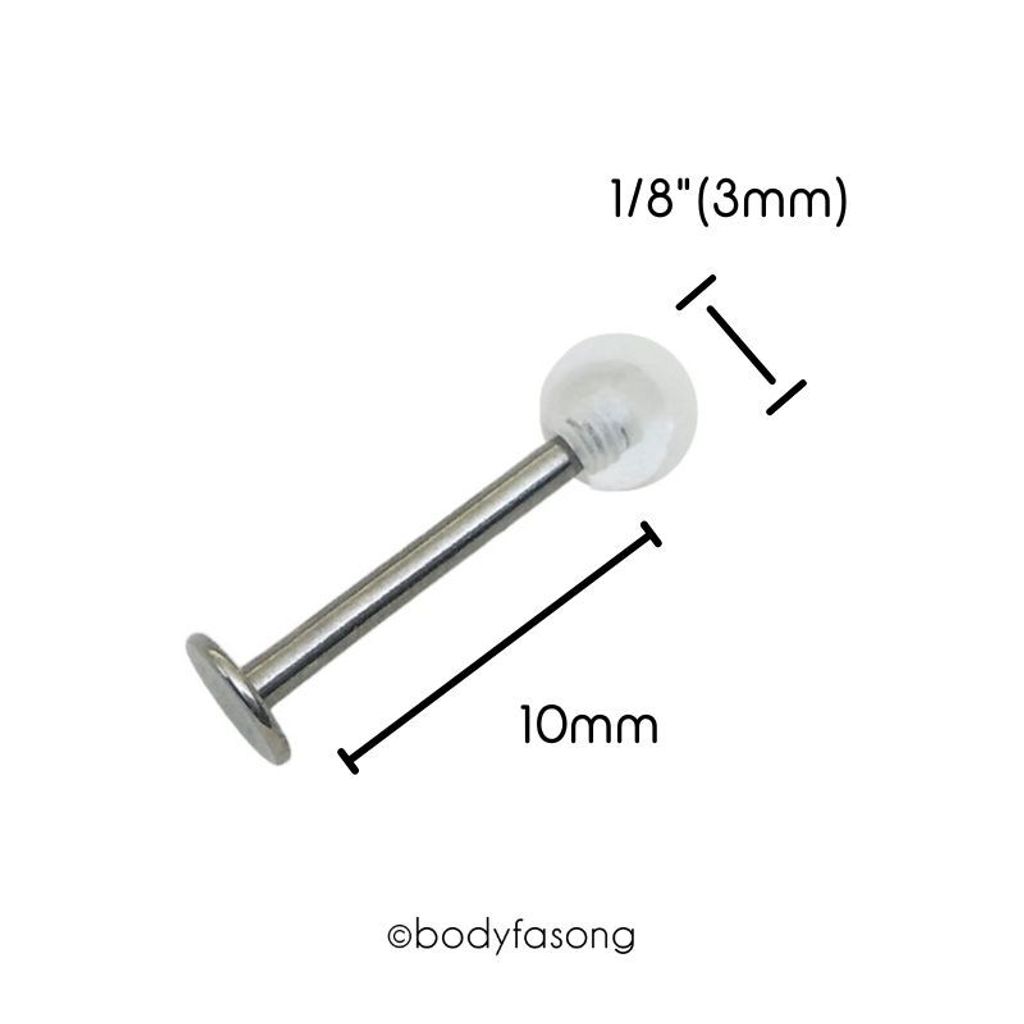 16G 醫療鋼透明球labret，長10mm透明球3mm