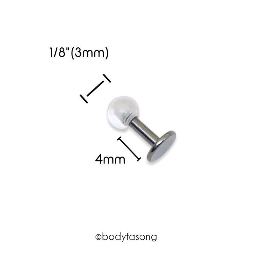 16G 醫療鋼透明球labret，長4mm透明球3mm
