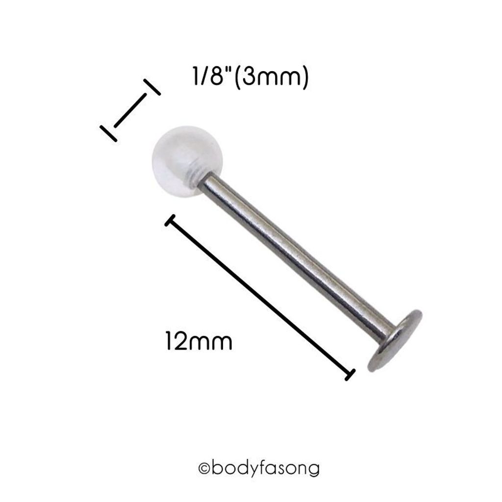 16G 醫療鋼透明球labret，長12mm透明球3mm