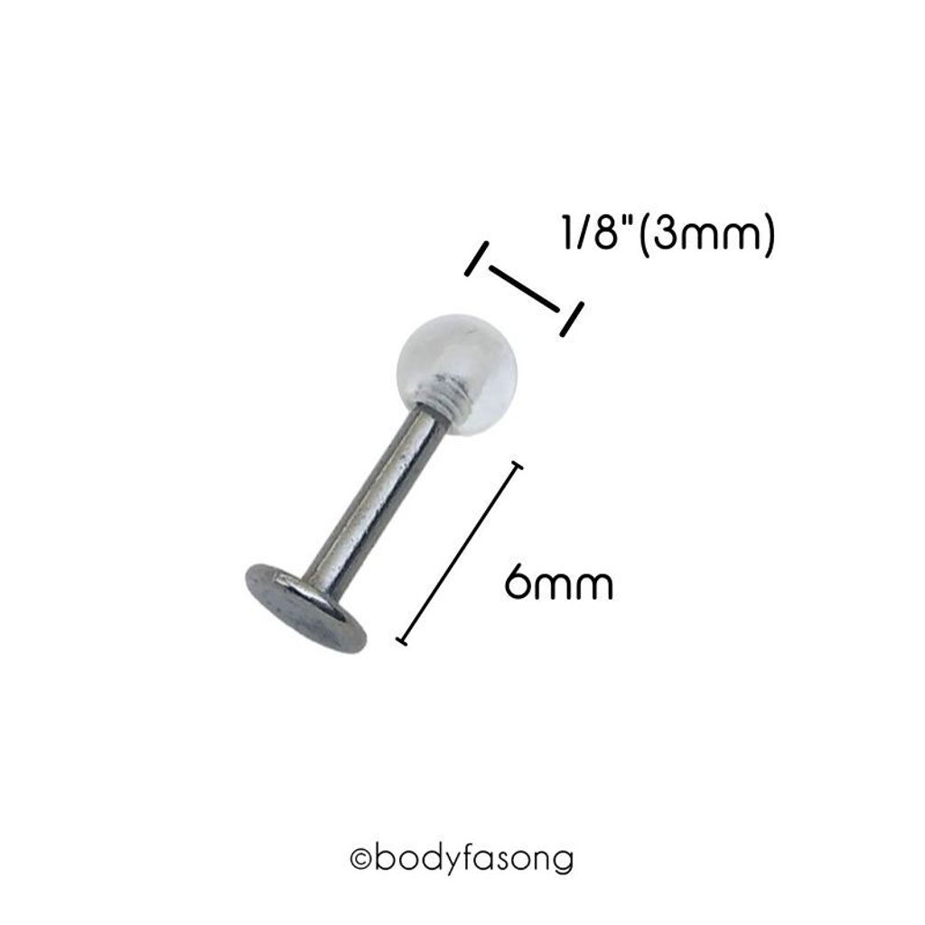 16G 醫療鋼透明球labret，長6mm透明球3mm
