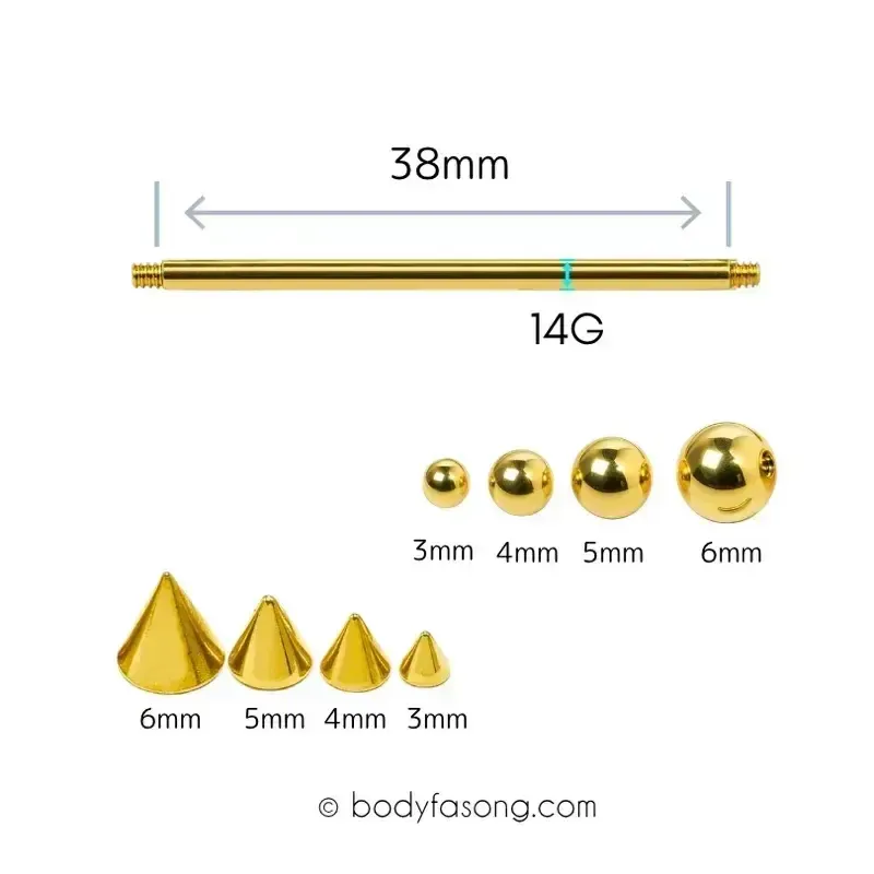 14G 醫療鋼工業環 金色錐款，尺寸標示參考。