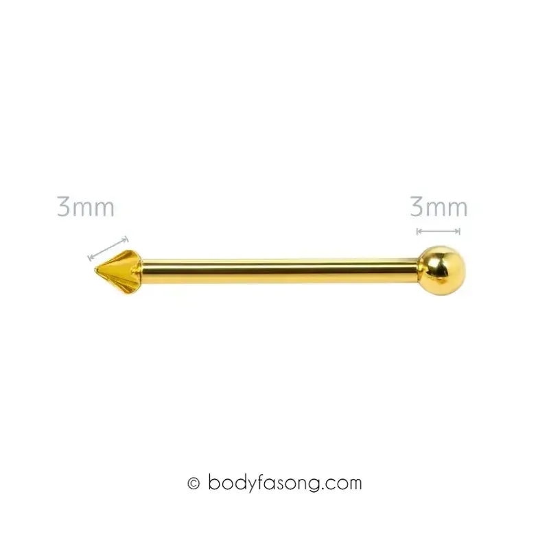 14G 醫療鋼工業環 金色圓錐款，長38mm，錐/鋼珠直徑3mm。