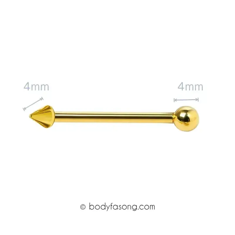 14G 醫療鋼工業環 金色圓錐款，長38mm，錐/鋼珠直徑4mm。