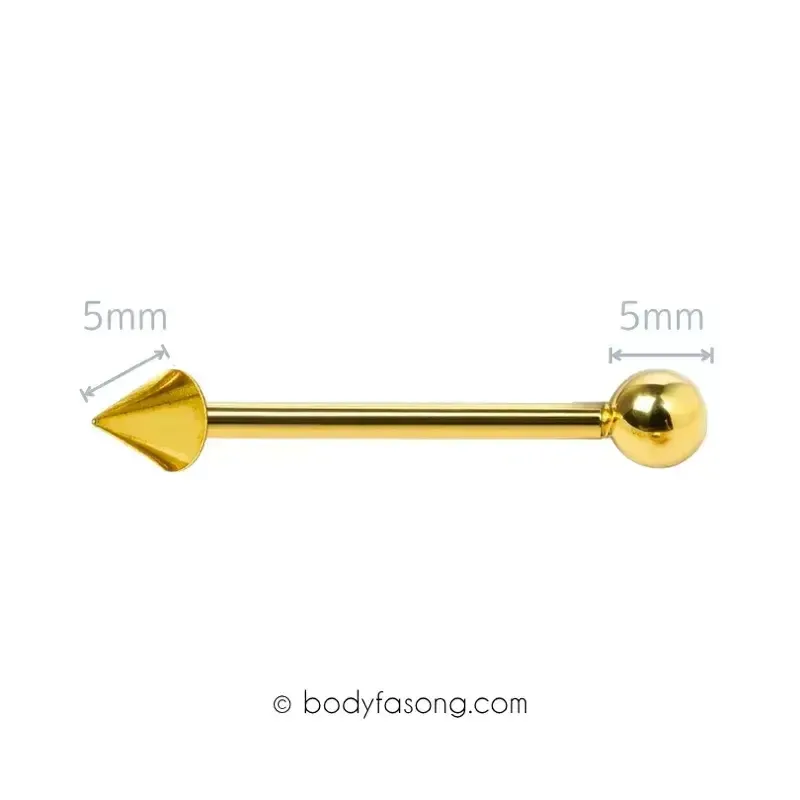 14G 醫療鋼工業環 金色圓錐款，長38mm，錐/鋼珠直徑5mm。