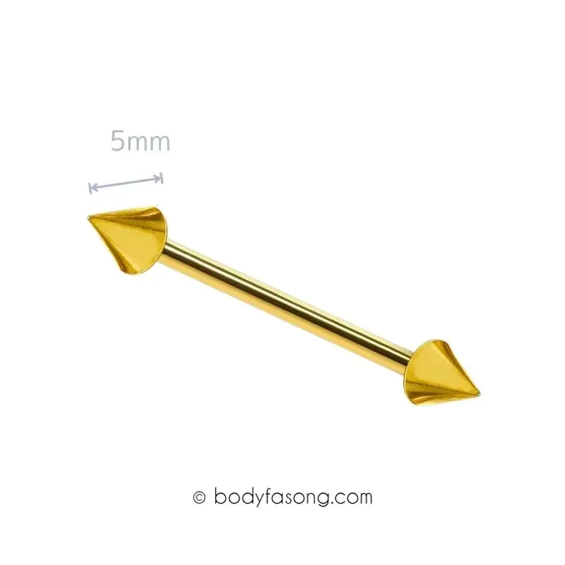 14G 醫療鋼工業環 金色錐款，長38mm，錐直徑5mm。